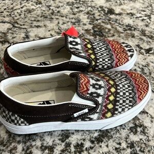 Vans Shoe Classic Slip On Brown Sweater Knit Fair Isle Woven Winter Fall